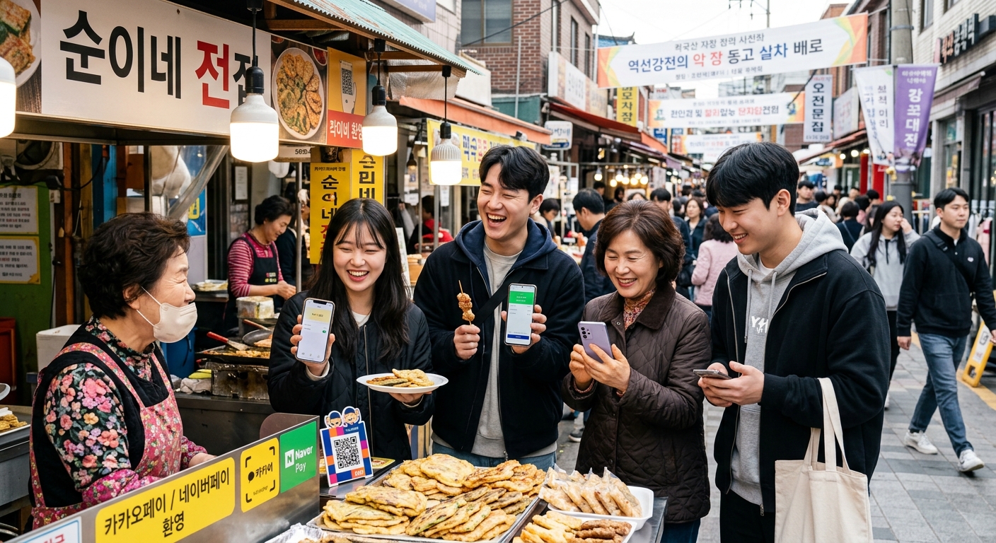 A diverse group of Korean people receiving digital payments on their smartphones in a local market, modern neighborhood setting, happy expressions, photorealistic