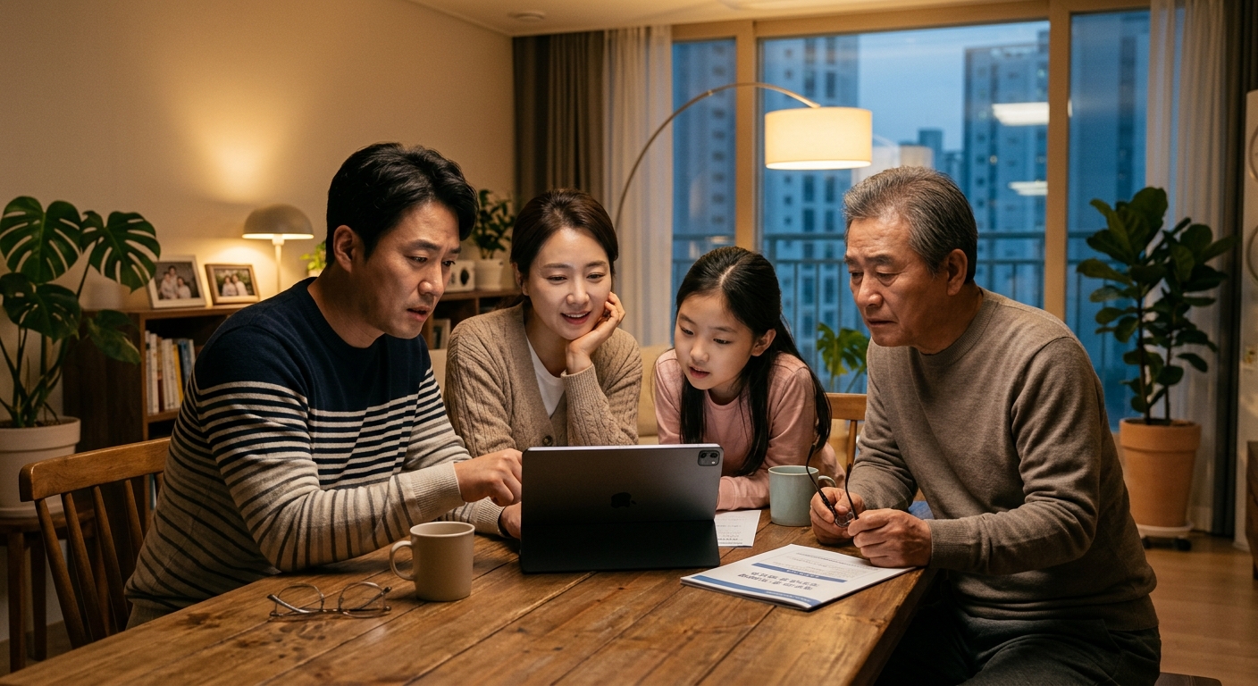 A Korean family looking at government financial support documents on tablet, modern living room, warm lighting, concerned but hopeful expression, photorealistic, 4K